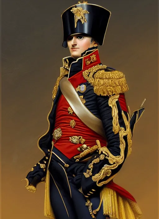 Image similar to portrait of napoleon bonaparte, royalty, extravagant, lord, full body, military uniform, fantasy, intricate, elegant, beautiful, highly detailed, charcoal, centered, dark, smokey, digital painting, artstation, concept art, art by artgerm and greg rutkowski and alphonse mucha