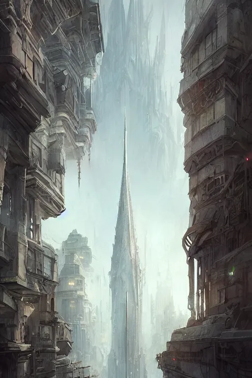 Prompt: street - level view of a magnificent white spire made of polished marble rising above a fantasy city, marc simonetti, anato finnstark, randy vargas, diego gisbert llorens, bayard wu, fantasy concept art, trending on artstation, 4 k, digital painting, beautiful