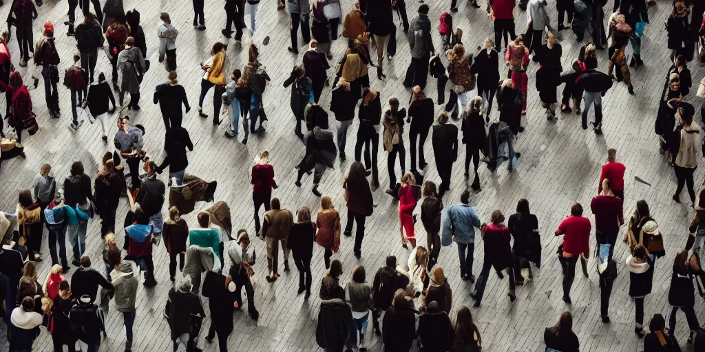 Prompt: istock, groups of people, from behind, wide angle, cinematic atmosphere, elaborate, highly detailed, istock, dramatic lighting