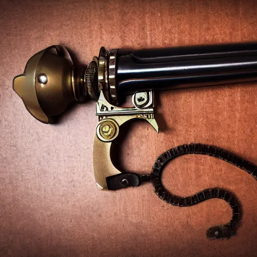 Prompt: product photography of a steampunk revolver