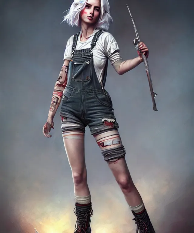 Image similar to full body pose, grungy ciri, torn overalls, short shorts, combat boots, fishnets, beautiful, highly detailed face, true anatomy!, extremely detailed!, digital painting, unreal engine 5, art by tom bagshaw