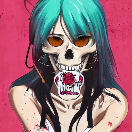 Prompt: anime manga skull portrait young woman skeleton, marge simpsons, painterly, logo, graffiti, elegant, highly detailed, digital art, art by jc leyendecker and sachin teng