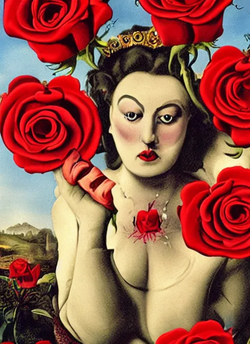 Prompt: the queen of hearts is angry about her red roses, yelling at card men painters in wonderland, by salvador dali, highly detailed matte painting, 8 k resolution