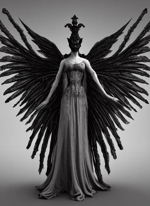 Image similar to Fine Art photo of a ancient sculptural demonic female Angel, rucifer, gothic and baroque sculpture, wearing long veil dress, six long wings, fallen angel with shadowy halo, in the large gothic cathedral , ornate, intricate and low contrast detailed, Guillermo del Toro style, full body portrait, hyper realistic, zbrush, epic perspective, octane render, volumetric light, cinematic lighting, cinematic detail, composition, photorealistic, render in unreal engine 5, 8k render, art sculpture, bone, ultra detailed technical precision, rule of third, dark epic scene