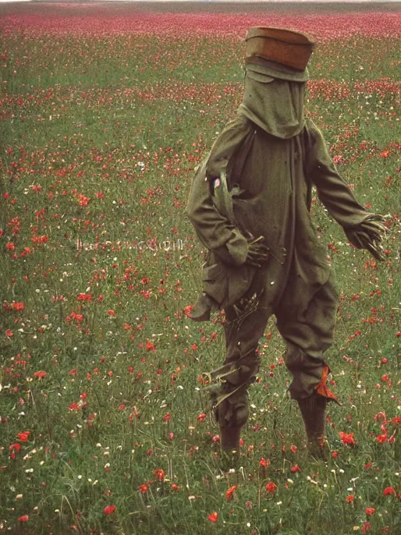 Image similar to human-like scarecrow wearing torn military clothes in beautiful meadow of flowers, ww1 photo, grainy, high detail, high resolution,