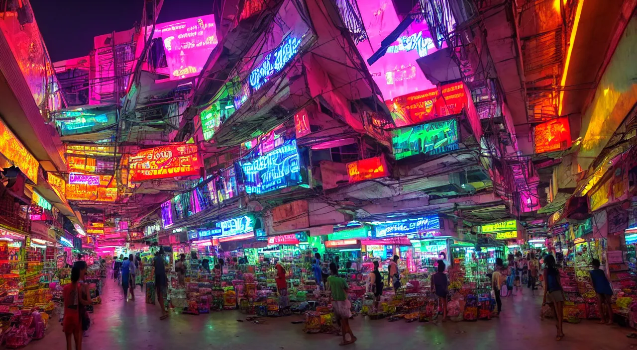 Prompt: Cyberpunk Shopping Center, futuristic Phnom-Penh Cambodia, neon lighting