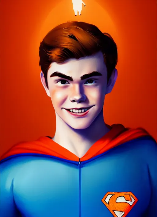 Image similar to friendly teenage archie andrews wearing an orange superhero costume with heart logo, heart, freckles, blue cape, heart emblem on chest, blue cape, intricate, elegant, glowing lights, highly detailed, digital painting, artstation, sharp focus, illustration, art by wlop, mars ravelo and greg rutkowski