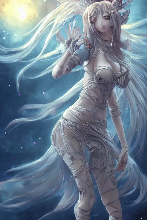 Prompt: Adult anime style girl on the moon waving, fantasy, intricate, elegant, highly detailed, digital painting, 4k, HDR, concept art, smooth, sharp focus, illustration, art by artgerm and H R Giger and alphonse much