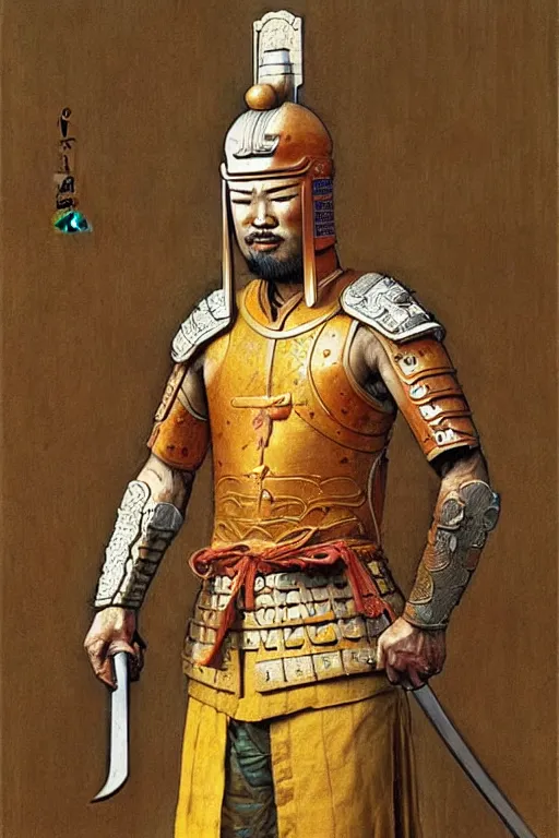 Image similar to warrior, tang dynasty, male, character design, painting by jean giraud, greg rutkowski, carl larsson, tom of finland
