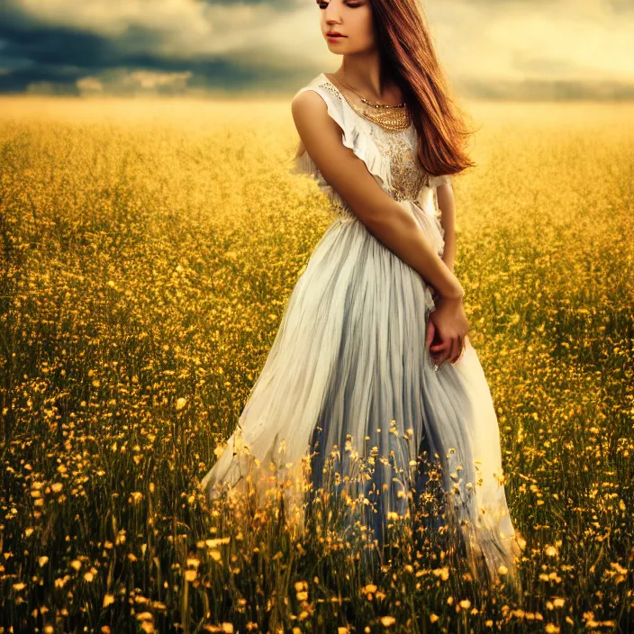 Image similar to portrait photo of a very beautiful!! woman on intricate dress in an endless heavenly meadow, 4 k, hdr, smooth, sharp focus, high resolution, award - winning photo