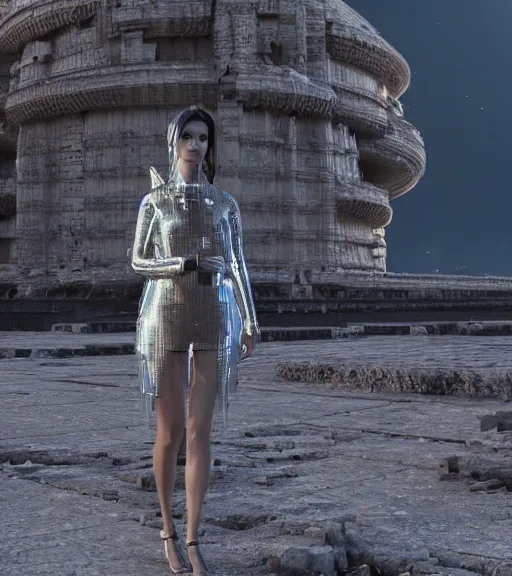 Image similar to tarkovsky greatest scene, the ancient destroyed majestic tower of babylon, woman in futuristic cyber clothing, transparent puffer jacket, hyper realistic, virtual background, cyber world, ambient lighting, concept art, intricate, hyper detailed, smooth, dynamic volumetric lighting, octane, ray trace, cinematic, high quality, high resolution, 4 k, cgsociety