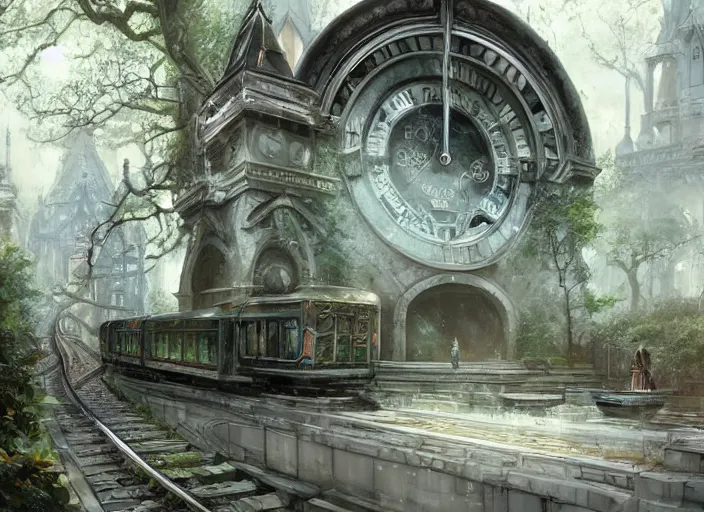 Image similar to A train subway inside a beautiful elven city made of white marble, anime, lush trees, fountain, statue, big clock, trains, a fantasy digital painting by Greg Rutkowski and James Gurney, trending on Artstation, highly detailed