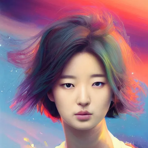 Image similar to half - electric yoon eun hye with cute - fine - face, pretty face, oil slick hair, perfect face, extremely fine details, volumetric lighting, dynamic background, poster by ilya kuvshinov katsuhiro otomo, magali villeneuve, artgerm, jeremy lipkin and michael garmash and rob rey, and silvain sarrailh