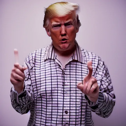 Prompt: photo of donald trump in his pyjamas, cinestill, 8 0 0 t, 3 5 mm, full - hd