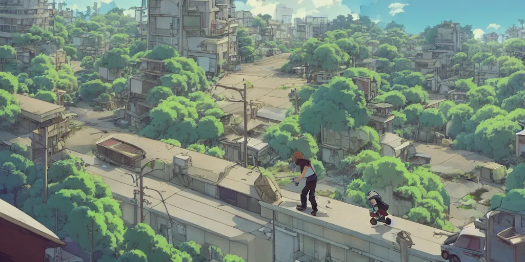 Image similar to a beautiful movie still in the style of Studio Ghibli anime showing a skateboarder skating through a destroyed post-apocalyptic Los Angeles overrun with vegetation. Studio Ghibli, aerial photography, wide angle lens, trending on artstation, trending on behance