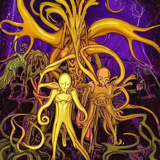 Prompt: epic battle between golden angles of peace and the squid demons of the nether in a dark swamp forest by tim burton and bill henson