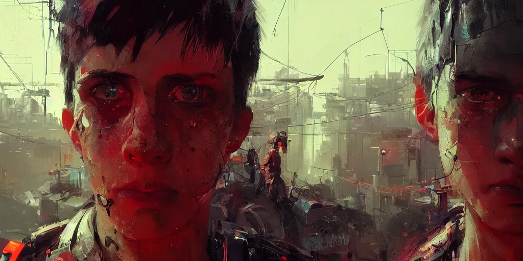 Prompt: extreme closeup on the eyes of a neon guard boy with short dark hair cyberpunk futuristic, in front of a dystopian crowd with piles of garbage by Ismail inceoglu dragan bibin hans thoma, Perfect face, fine details, realistic shaded, fine-face, pretty face