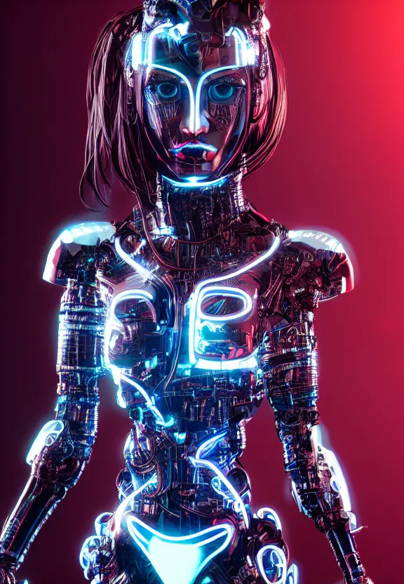 Image similar to full body portrait photo of japanese model cyborg with digital led skin, neon lighting, techno neon projector background, portrait photo, intricate details, ultra realistic, unreal engine 5, depth of field, bokeh, octane render, 8 k hd