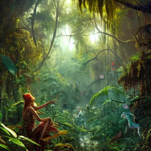 Image similar to psilocybin jungle, hyperrealistic oil painting, super detailed, colorized, 4k, trending on ArtstationHQ, D&D, fantasy, raytracing, award winning, art by James C Christensen and Michael Hutter, spectacular lighting, octane rendered