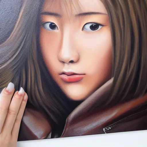 Prompt: perfect, realistic oil painting of close-up japanese young woman wearing leather jacket, in Neverwinter