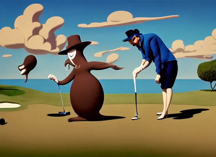 Prompt: matte sharp painting, surrealist, a walrus playing golf, juxtapoz, artforum, gary baseman, preston blair, tex avery, dan mumford, pedro correa