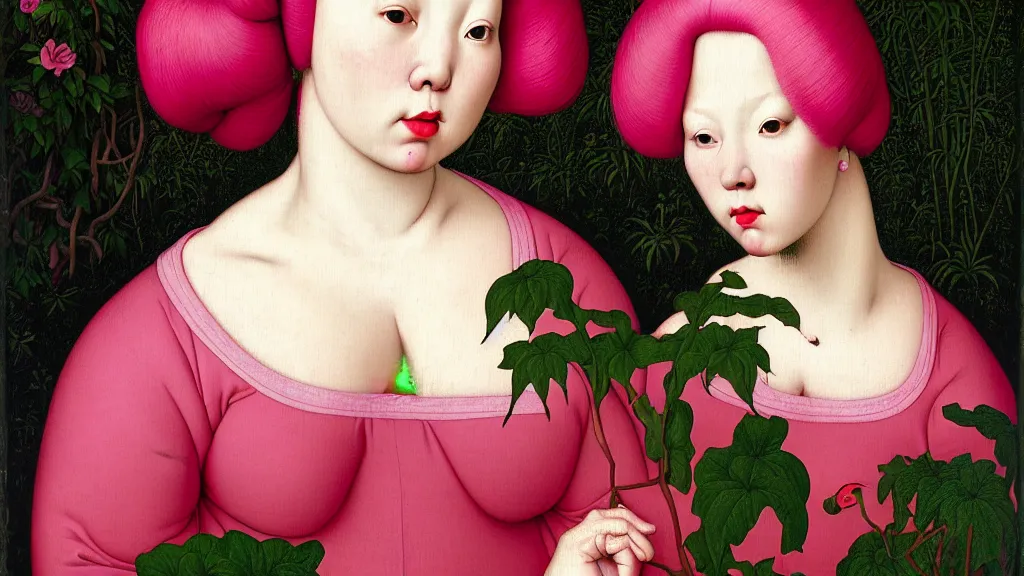Prompt: portrait of a curvy woman with pink hair buns, wearing a red t - shirt, standing in a botanical garden, intricate details, high detail, in the style of rogier van der weyden and jacopo da pontormo, by mark ryden, punk, asian art,