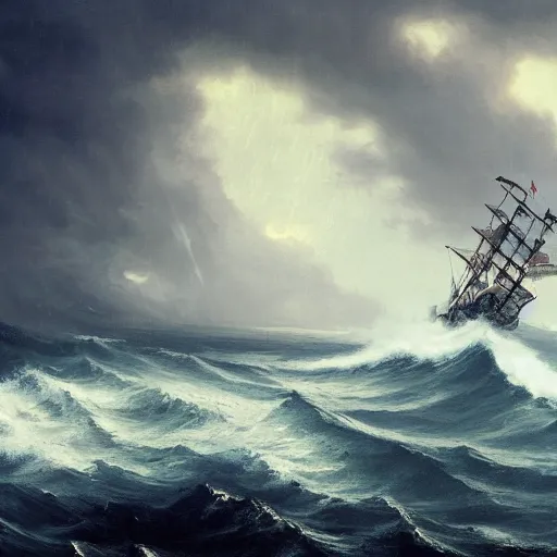 Prompt: Wide shot of a pirate vessel sailing on wild ocean waters during a thunderstorm, crashing waves, 4k, cozy wallpaper, trending on Artstation, award-winning, art by Greg Rutkowski