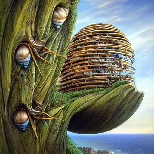 Prompt: beautiful portrait of bamboo living pods shaped like a sea shell embedded on the side of a cliff, the time machine, mechanical birds in flight, panoramic view, art by artgerm, artwork by peter gric and brian froud and esao andrews