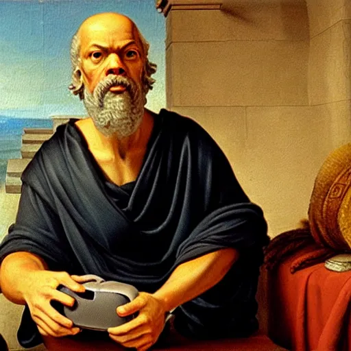 Image similar to socrates wearing a virtual reality headset, VIRTUAL REALITY HEADSET!!!!!!!!!!!!!, oil painting