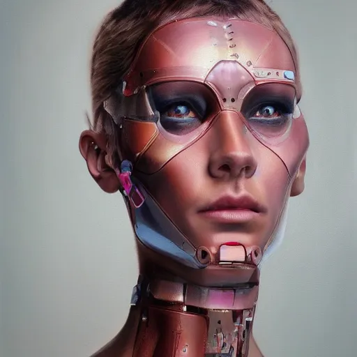 Image similar to cyborg fashion model, hyperrealism oil painting, artstation, soft colors