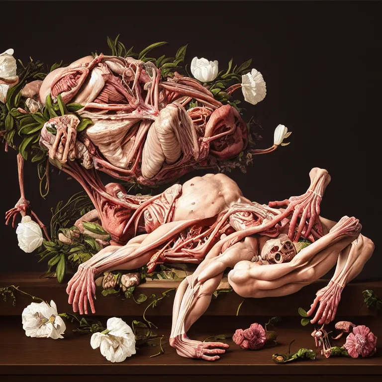 Prompt: still life of anatomical painting of ribbed human, covered with white meat and flowers, dream - like, baroque portrait painting, perfect composition, beautiful detailed intricate detailed octane render, unreal engine 5, trending on artstation, 8 k, photorealistic, volumetric cinematic perfect light, chiaroscuro, masterpiece, raphael, caravaggio, beksinski, giger