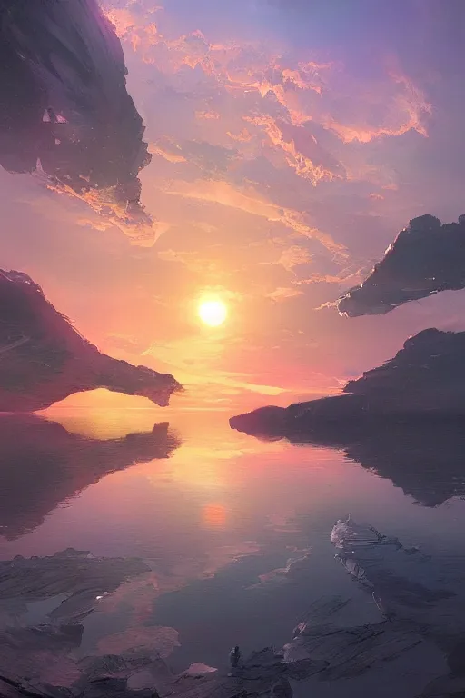 Prompt: digital painting of a sunset over a body of water, digital art by stephan martiniere, trending on artstation, fantasy art, apocalypse landscape, apocalypse art, speedpainting