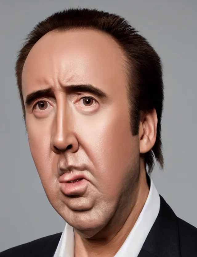 Image similar to professional portrait of nicolas cage neutral expression face straight on headshot even lighting