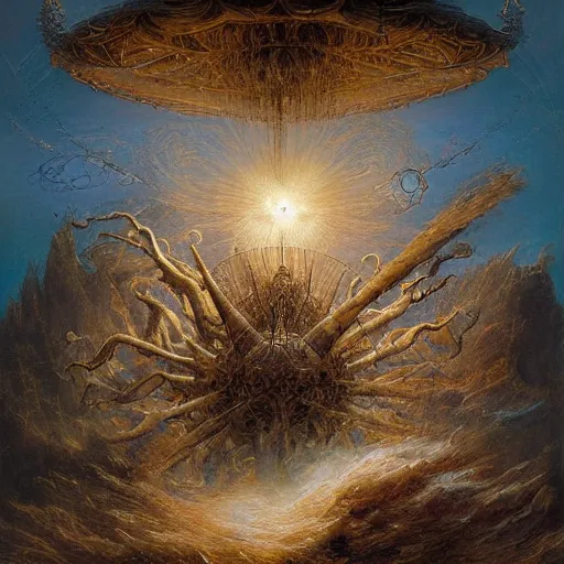 Image similar to ellen jewett, beautiful surreal palatial pulsar at dawn, creation of the world, angels, seraphim, let there be light, land, sea, planet earth, genesis, gustave dore, ferdinand knab, jeff easley