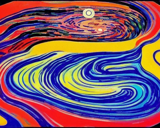 Prompt: Ocean waves in a psychedelic dream world. DMT. Curving rivers. Landscape painting by Edvard Munch. David Hockney. Takashi Murakami. Minimalist.