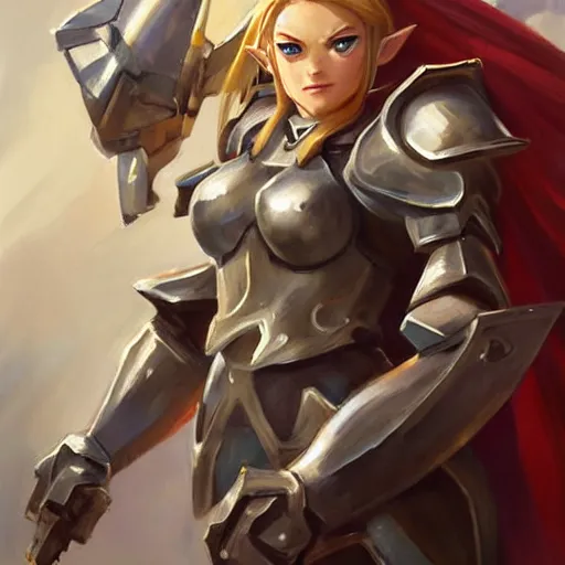 Image similar to greg manchess portrait painting of armored female link from legend of zelda as overwatch character, medium shot, asymmetrical, profile picture, organic painting, sunny day, matte painting, bold shapes, hard edges, street art, trending on artstation, by huang guangjian and gil elvgren and sachin teng