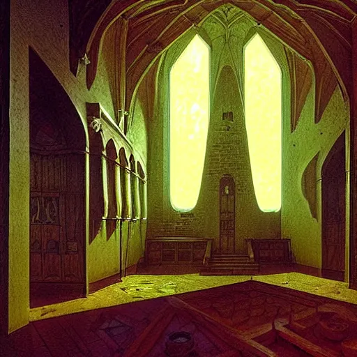 Image similar to The interior of the tower was very large and spacious. The floors were made of dark wood, the walls were covered in bright paintings, and the furniture was simple and elegant. The room was lit by magical lights, which were placed around the room in various places to provide light. fantasy, artwork by Marc Simonetti, artwork by Ted Nasmith, Ted Nasmith and Marc Simonetti, 8K, D&D concept art, D&D wallpaper