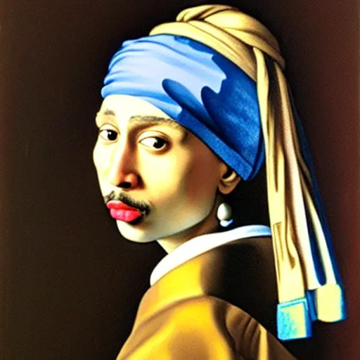 Image similar to A tronie painting of Tupac Shakur with the pearl earring by Johannes Vermeer. Tupac