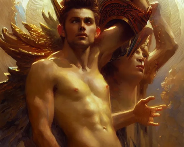 Image similar to attractive pagan male deity, summoning handsome lucifer morning star. highly detailed painting by gaston bussiere, craig mullins, j. c. leyendecker 8 k