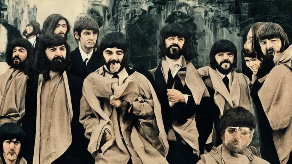 Image similar to the apostles as the beatles on an album cover, film still from the movie directed by Denis Villeneuve with art direction by Salvador Dalí, wide lens