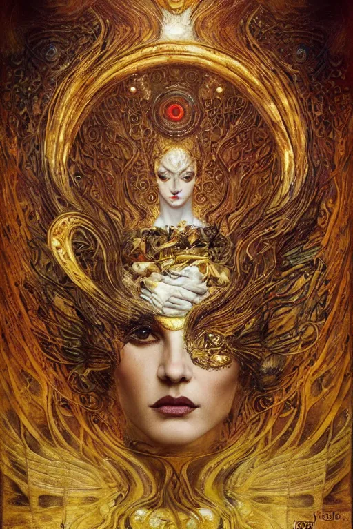 Prompt: Intermittent Chance of Chaos Muse by Karol Bak, Jean Deville, Gustav Klimt, and Vincent Van Gogh, beautiful portrait of Rebirth, Loki's Pet Project, Poe's Angel, Surreality, inspiration, imagination, muse, otherworldly, fractal structures, arcane, ornate gilded medieval icon, third eye, spirals