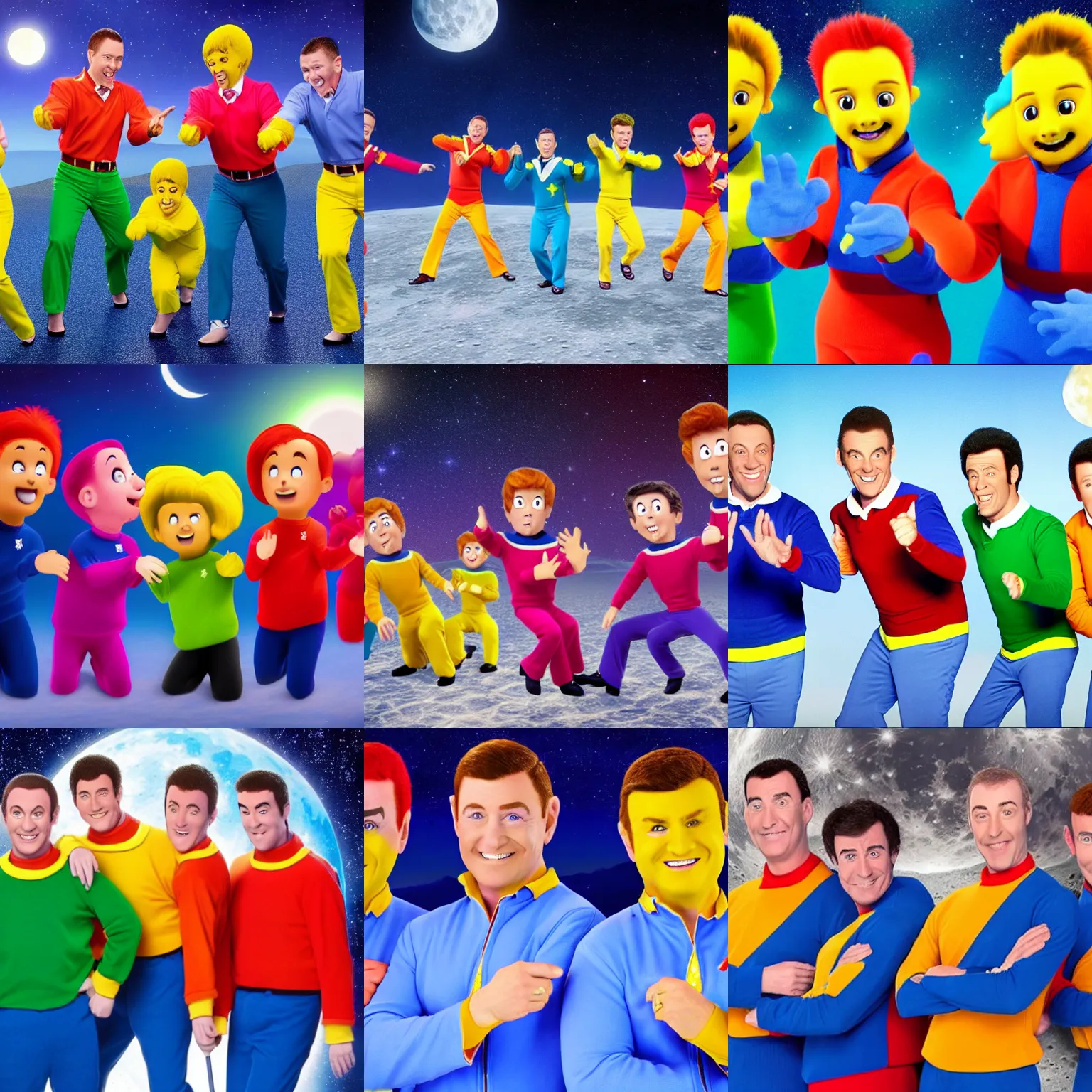 Prompt: the wiggles band in the moon, hyper realistic, 8 k, highly detailed