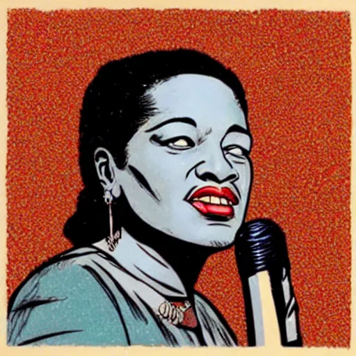 Prompt: “portrait of Billie holiday, by Robert crumb, coloured, graphic”