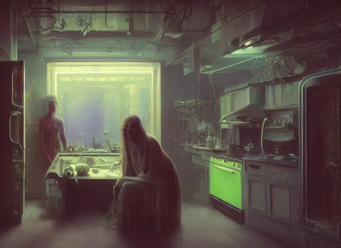 Image similar to A kitchen, neon, RGB, glowing wires everywhere, by Edgar Maxence and Ross Tran, Zdzisław Beksiński, and Michael Whelan, distant, gustav dore, H.R. Giger, 8k, octane render