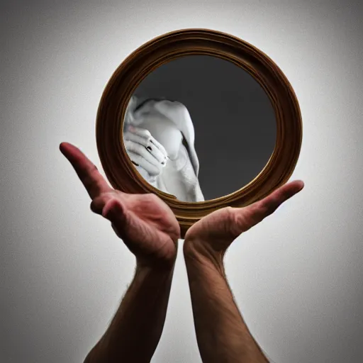 Image similar to a man reaching his hand into a mirror, 4 k, photorealistic, digital image, sharp details, hd