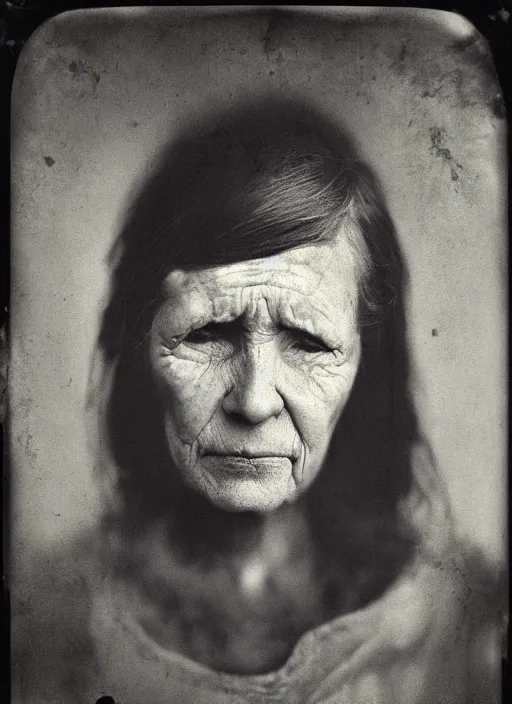 Image similar to portrait of a blind women, hyperrealism, photo realistic, detailed, award winning photograph, cinematic lighting, ambrotype wet plate collodion by richard avedon and shane balkowitsch