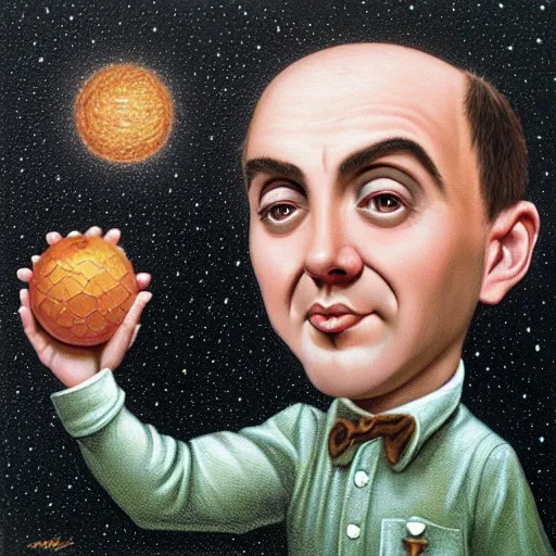 Image similar to a cute gomer pyle holds the universe in his hand, an ultrafine detailed painting by mark ryden, trending on deviantart, pop surrealism, whimsical, lowbrow, grotesque