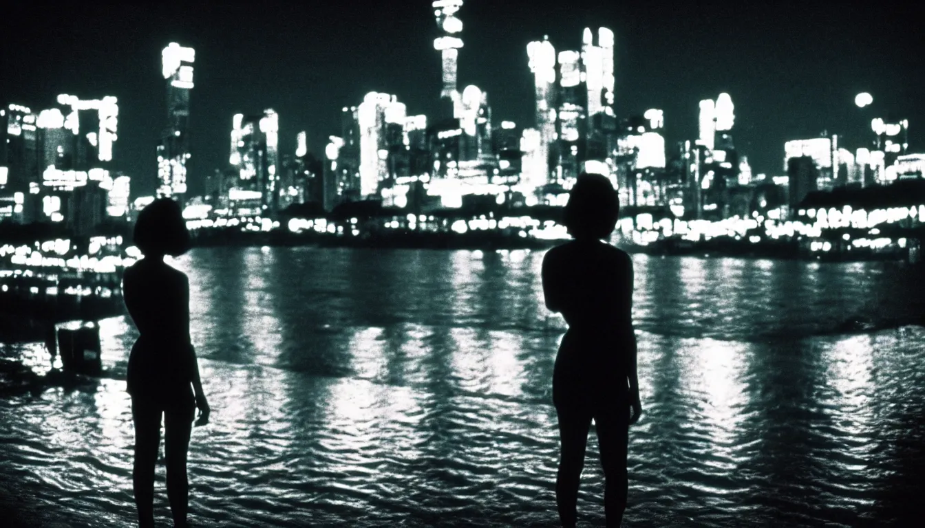 Prompt: 80s asian neon movie still with a lone woman by the river at night with city lights behind his back. hyperrealistic, high definition, medium format photography, highly detailed, tehnicolor, anamorphic 50mm lens