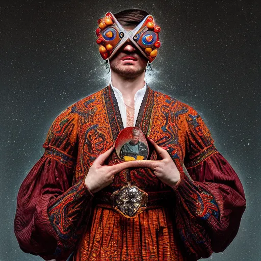 Prompt: Colour Caravaggio and Taras Shevchenko style full body portrait Photography of Highly detailed Man wearing detailed Ukrainian embroidered folk costume designed by Taras Shevchenko with 1000 years perfect face wearing highly detailed retrofuturistic VR headset designed by Josan Gonzalez. Many details In style of Josan Gonzalez and Mike Winkelmann and andgreg rutkowski and alphonse muchaand and Caspar David Friedrich and Stephen Hickman and James Gurney and Hiromasa Ogura. Rendered in Blender and Octane Render volumetric natural light