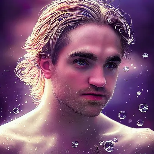 Image similar to “ robert pattison portrait, fantasy, mermaid, hyperrealistic, highly detailed, cinematic lighting, pearls, glowing hair, shells, gills, crown, water, highlights, starfish, jewelry, realistic, digital art, pastel, magic, fiction, ocean, game, king, colorful hair, sparkly eyes, fish, romantic, god, waves, bubbles ”